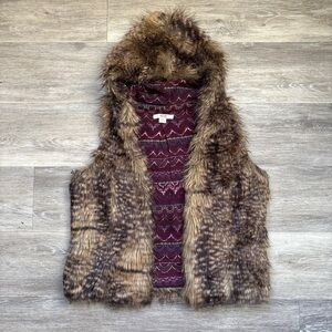 Mossimo Boho Hippie Indie Cabincore Brown Faux Fur Hoodie Open Front Vest Size L